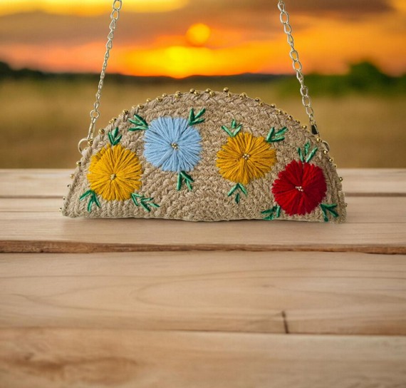 Straw Half Moon Coin Pouch